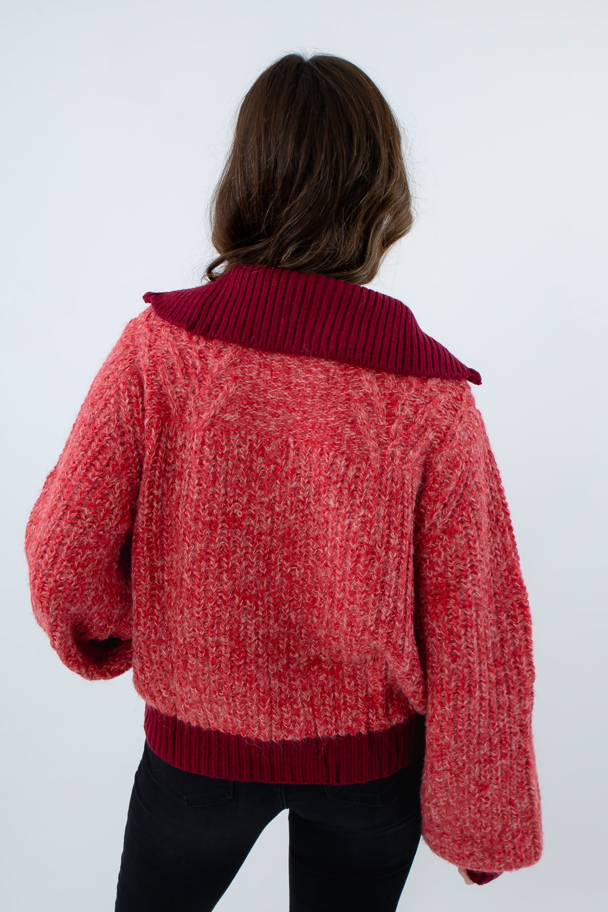 Comfortable and stylish red and burgundy sweater jacket, red and burgundy knit jacket, cozy red sweater jacket