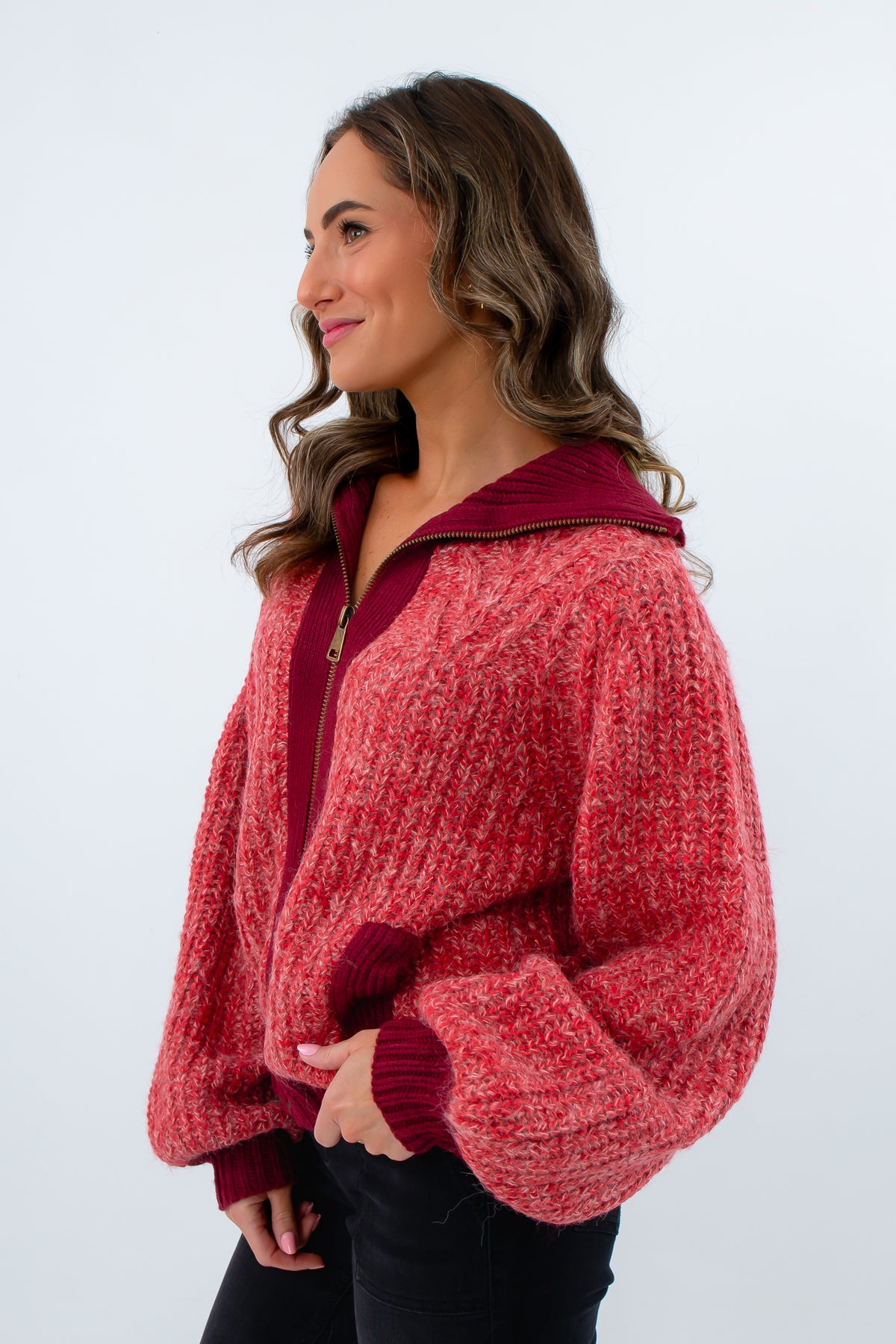 Game day sweater jacket with ribbed trim and collar, red sweater with pops of burgundy, red and burgundy sweater with zipper