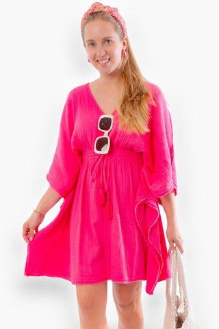 Hot Pink Cinched Waist Gauze Mini Dress-Dresses-Entro-L. Mae Boutique & Wild Mabel Clothing