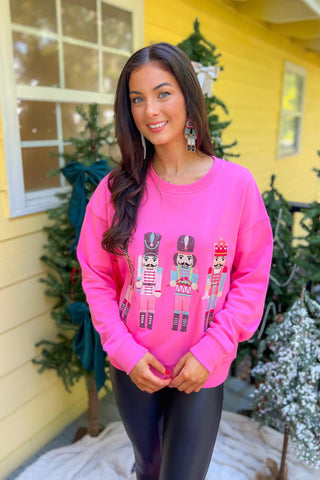 Hot Pink Four Nutcrackers Sweatshirt-Tops-WHY Dress-L. Mae Boutique & Wild Mabel Clothing