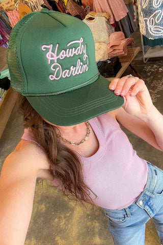 Howdy Darlin' Pink & Green Embroidered Trucker Hat-Accessories-Fashion City-L. Mae Boutique & Wild Mabel Clothing