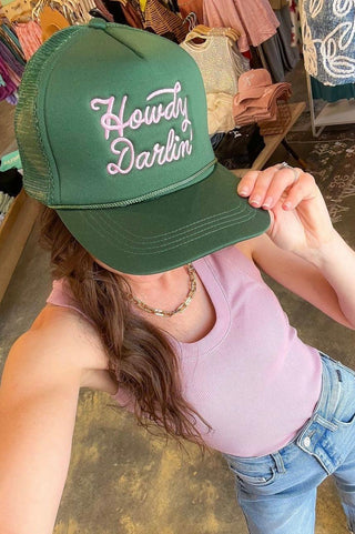 Howdy Darlin' Pink & Green Embroidered Trucker Hat-Fashion City-L. Mae Boutique