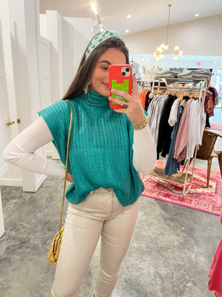 Emerald Metallic Foiled Mock Neck Sleeveless Sweater-She + Sky-L. Mae Boutique