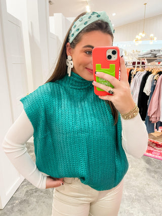 Emerald Metallic Foiled Mock Neck Sleeveless Sweater-She + Sky-L. Mae Boutique