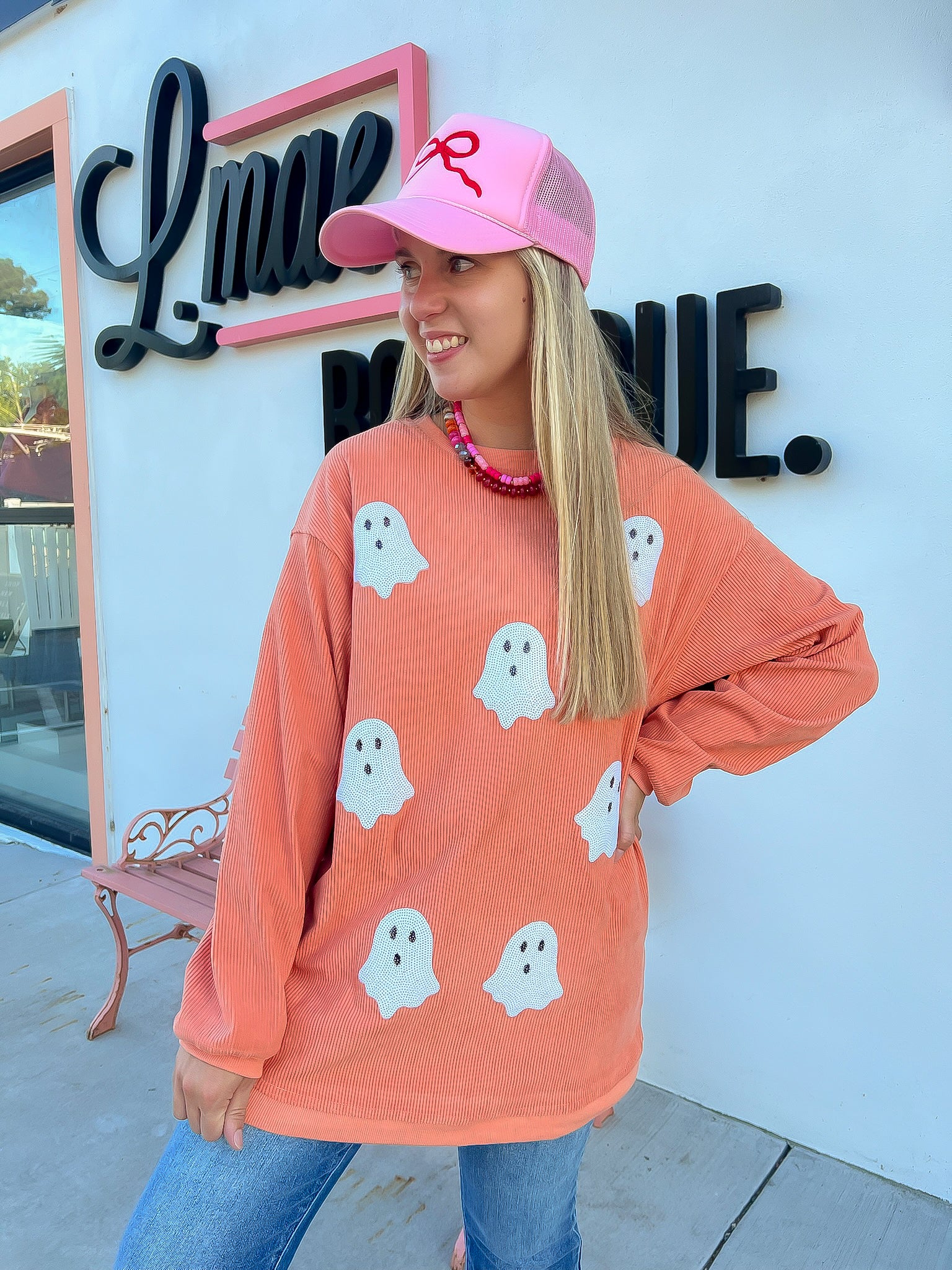 Orange Ribbed Sequin Ghost Sweatshirt