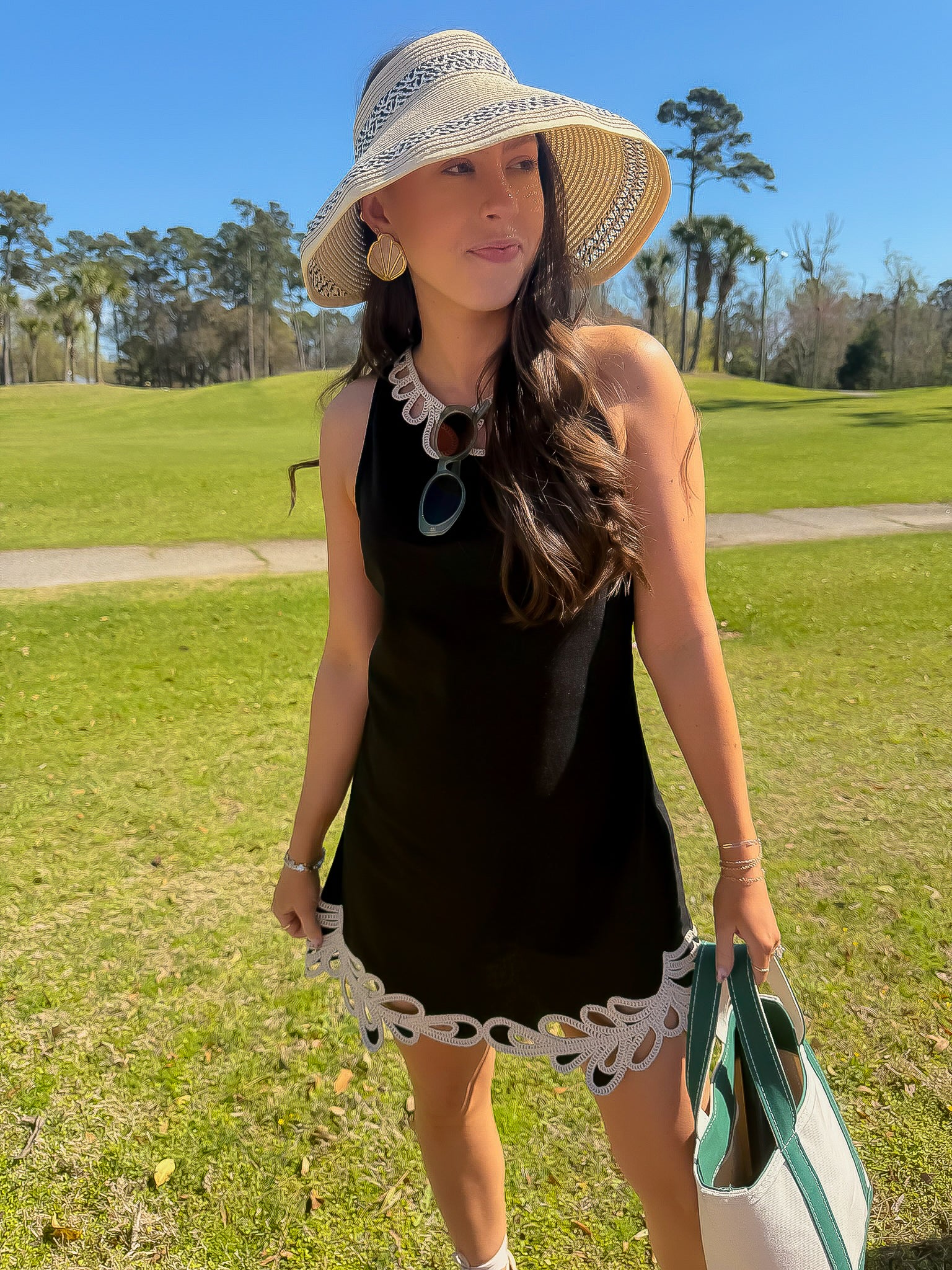 Pebble Beach Black Contrast Embroidered Mini Dress