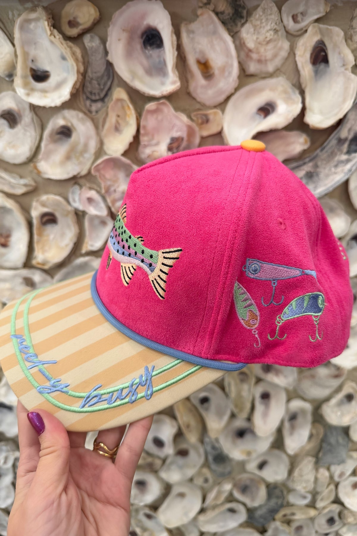 Rainbow embroidered fish hat with snapback, colorful fish hat, fish trucker hat