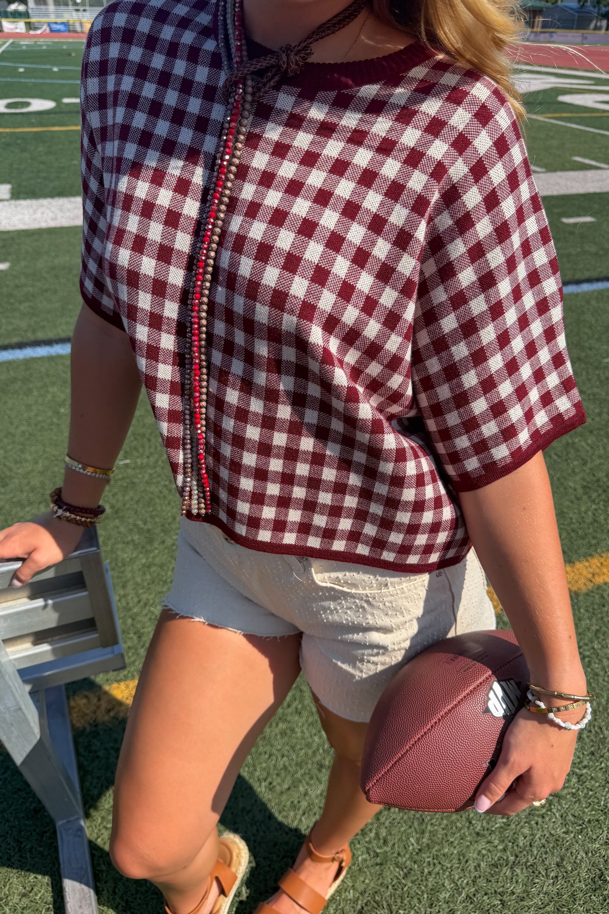 Burgundy Checkered Short Sleeve Sweater