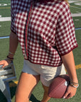 Burgundy Checkered Short Sleeve Sweater