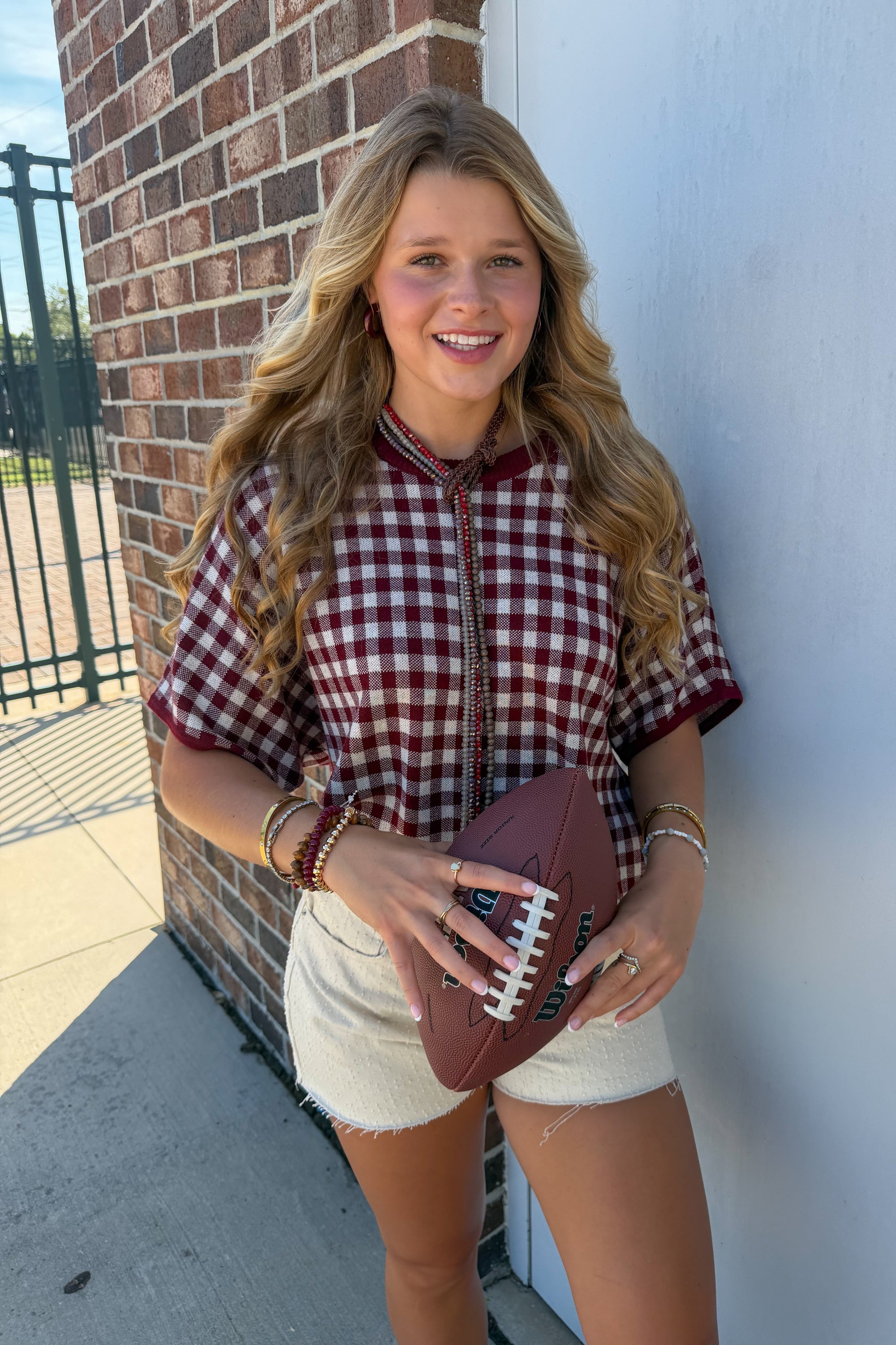 Burgundy Checkered Short Sleeve Sweater