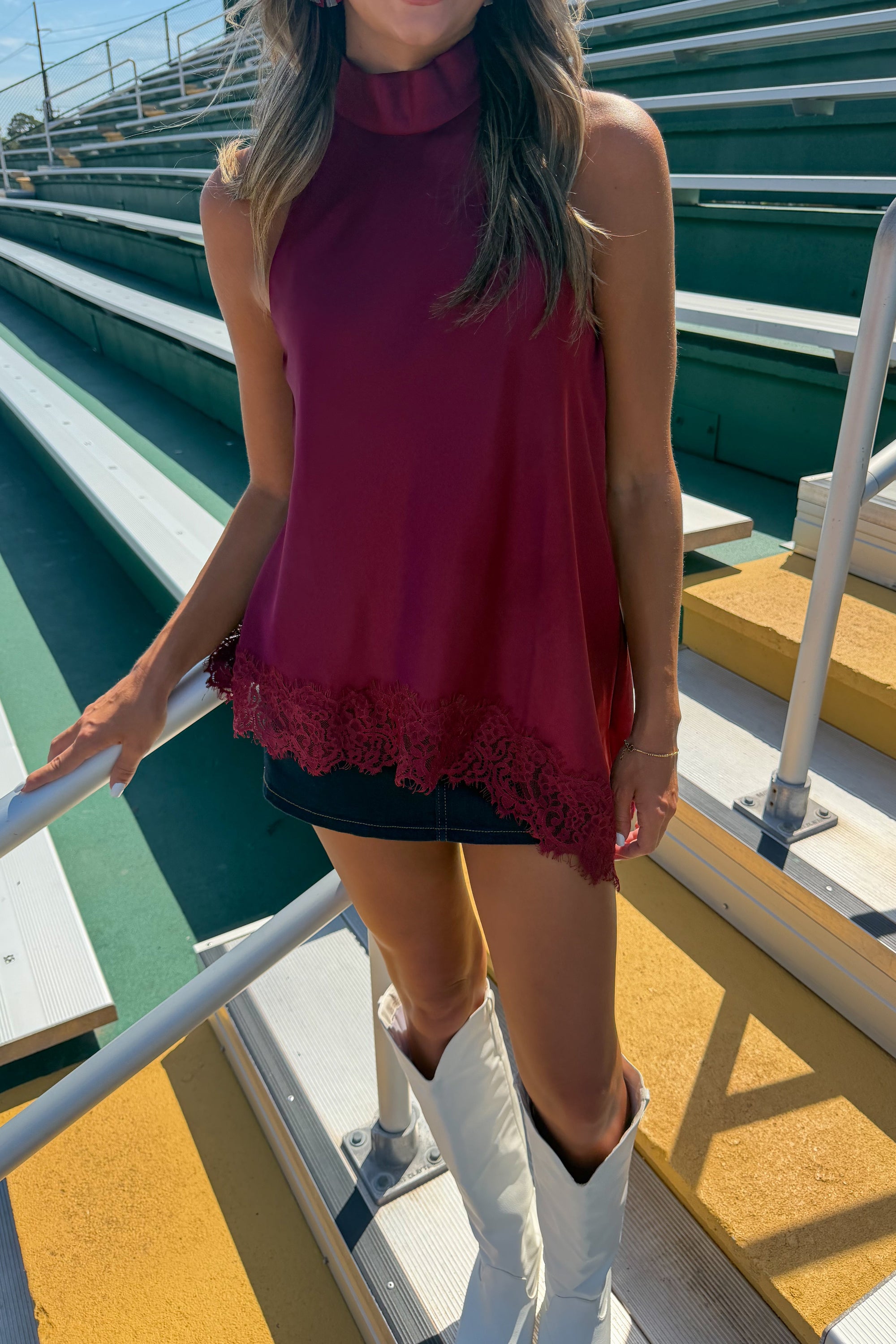 Sandstorm Garnet Lace Halter Asymmetrical Top