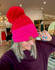 Red & Pink Pom Pom Beanie