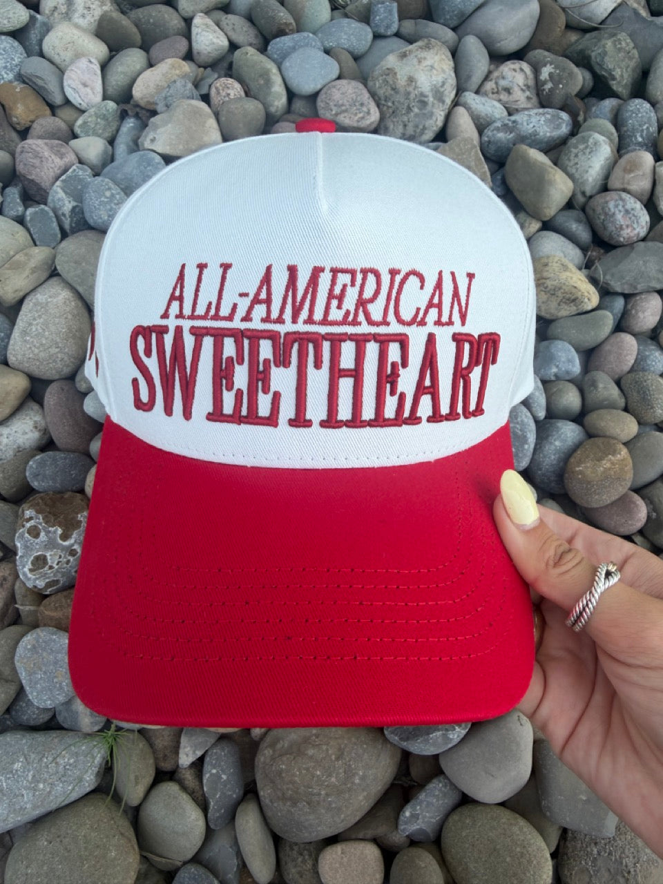 All American Sweatheart Trucker Hat with patriotic mesh back and curved brim