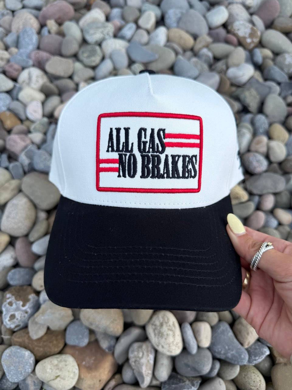 All Gas No Brakes trucker hat with mesh back and embroidered logo
