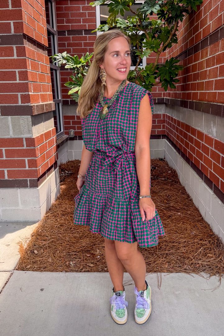 Office Hours Magenta &amp; Green Polka Dot Mini Dress