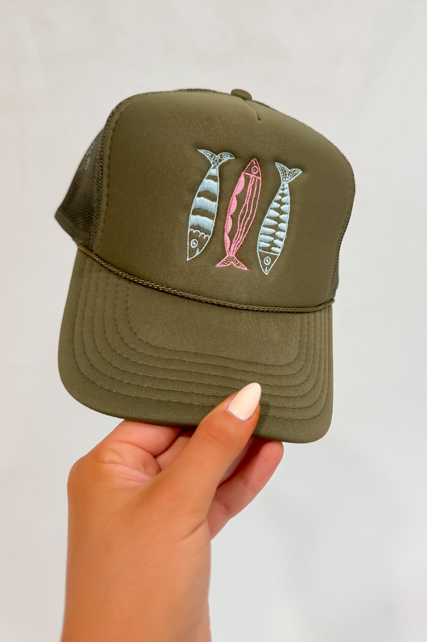 Sardines Olive Trucker Hat – Embroidered Snapback for Fall with three colorful sardines on front panel, breathable mesh back, and curved brim.