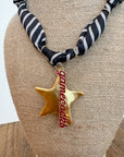 Close-up of USC Gamecock Bandana Necklace showing gold star pendant with red 'Gamecocks' lettering on striped scarf, perfect fan accessory.