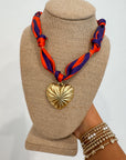 Heart Scarf Necklace with bold orange and purple tiger stripe bandana and gold heart charm, perfect Clemson flair jewelry for game day style.