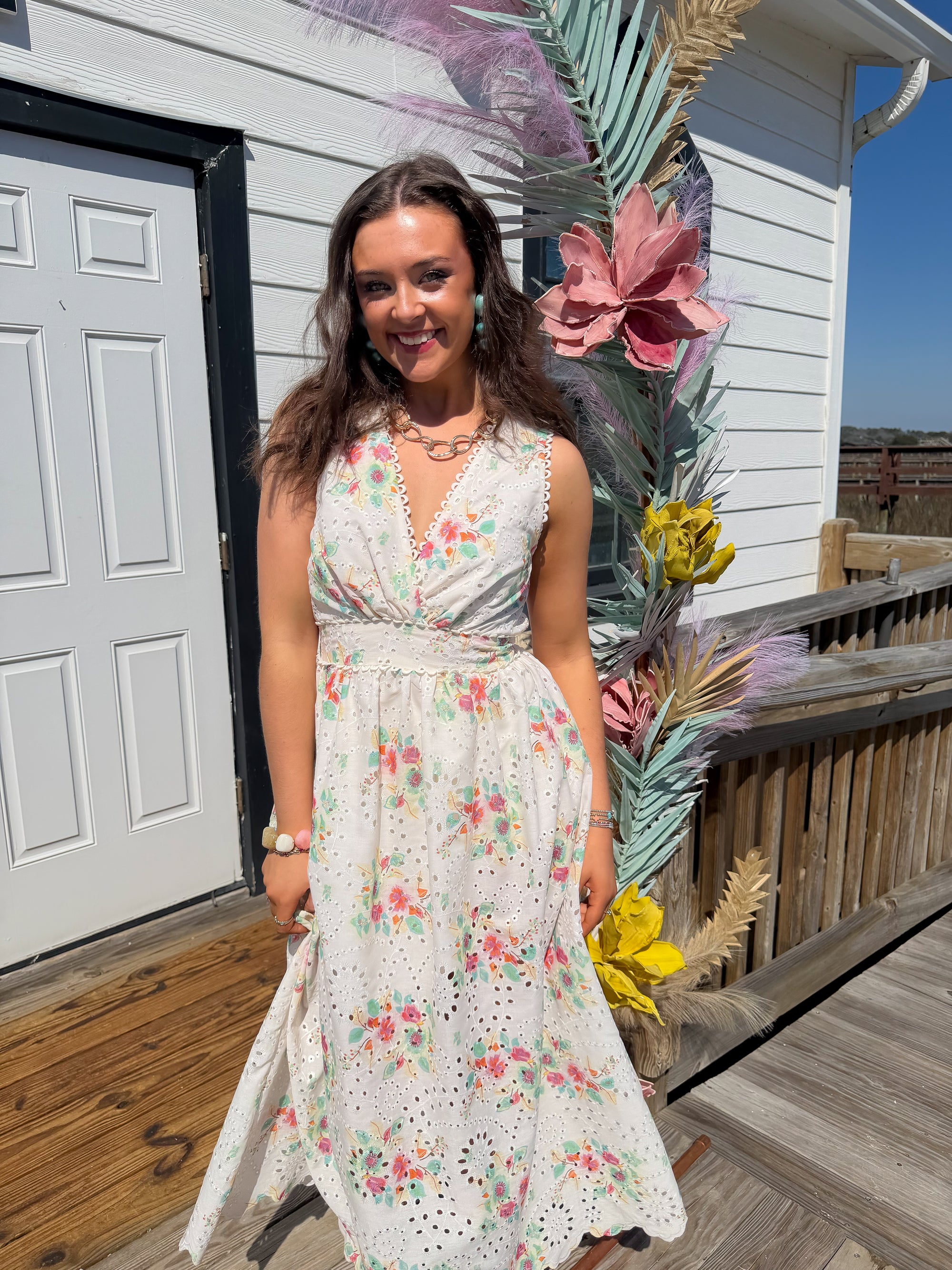 Spring Soire White Floral Midi Dress | Eyelet Spring Dress L. Mae Boutique Spring Soire White Floral Midi Dress | Eyelet Spring Dress L. Mae Boutique