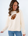 Neutral football sweater with ribbed trim, fall neutral game day sweater, neutral game day sweater with footballs