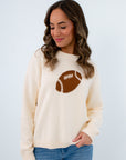 Comfortable fall game day sweater for women, cream sweater with brown football icon, football sweater for fall game day