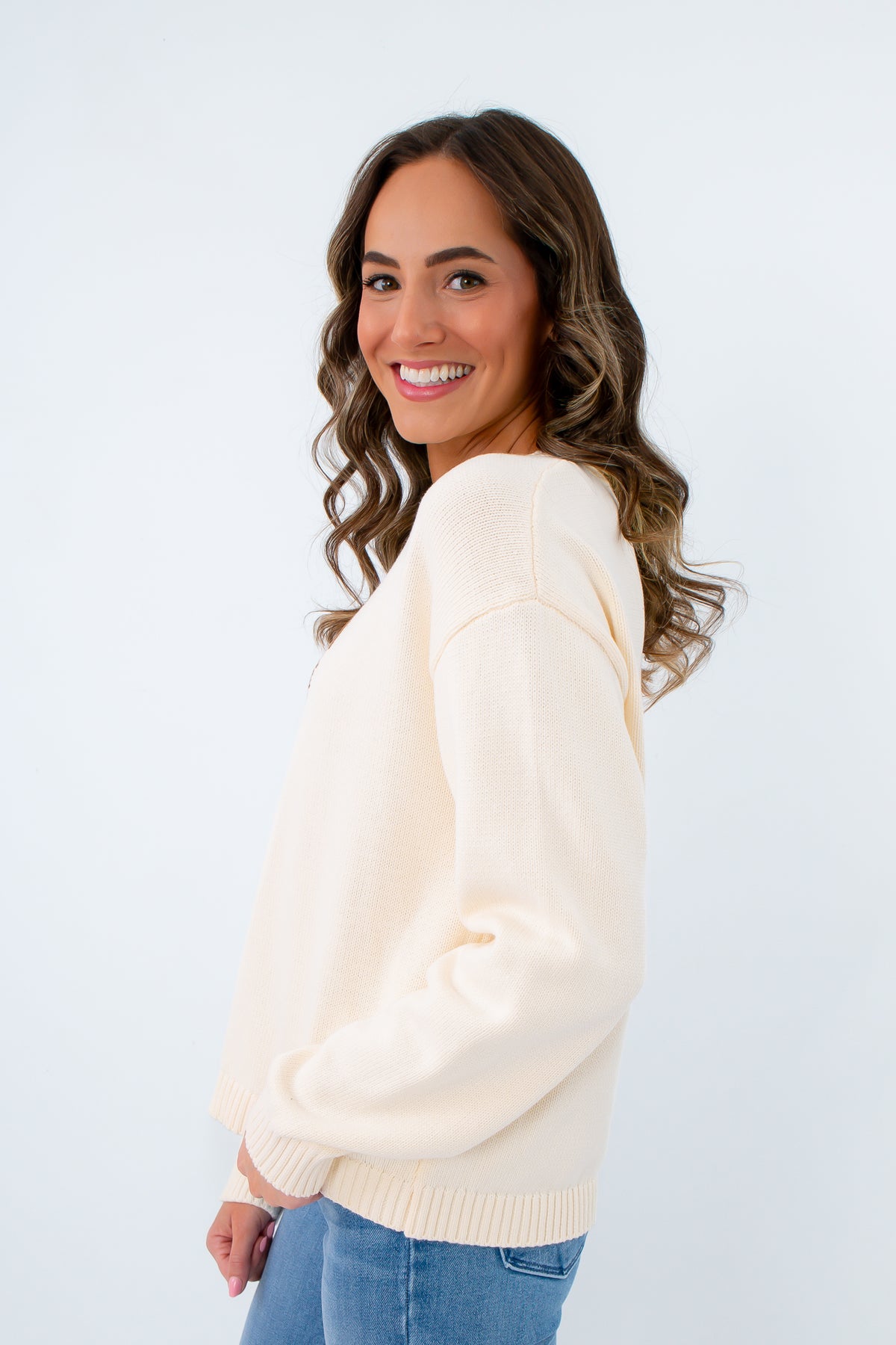 Stylish football sweater for casual outings, lightweight cream sweater for fall, versatile game day sweater for fall