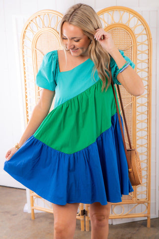 In With the Tide Blue Colorblock Asymmetrical Puff Sleeve Mini Dress-Fanco-L. Mae Boutique