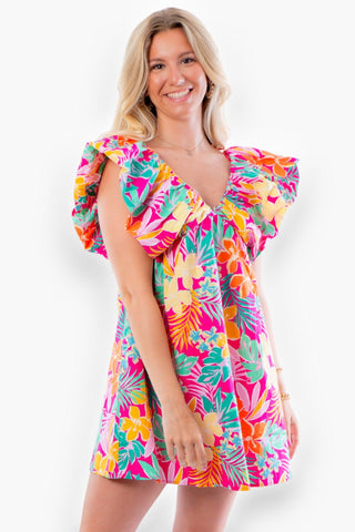 Into the Tropics V Neck Flutter Sleeve Mini Dress-Dresses-day + moon-L. Mae Boutique & Wild Mabel Clothing