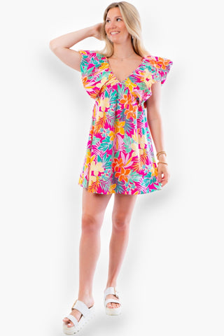 Into the Tropics V Neck Flutter Sleeve Mini Dress-Dresses-day + moon-L. Mae Boutique & Wild Mabel Clothing