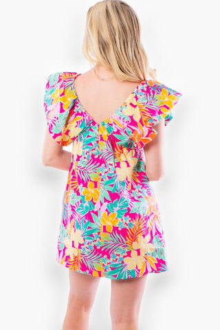 Into the Tropics V Neck Flutter Sleeve Mini Dress-Dresses-day + moon-L. Mae Boutique & Wild Mabel Clothing