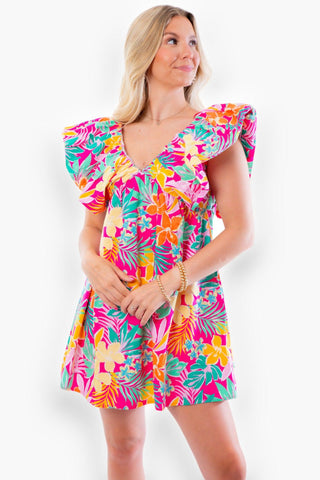 Into the Tropics V Neck Flutter Sleeve Mini Dress-Dresses-day + moon-L. Mae Boutique & Wild Mabel Clothing