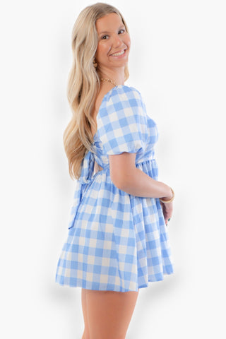 Iris Blue Gingham Print Romper-Onesies-MainStrip-L. Mae Boutique & Wild Mabel Clothing