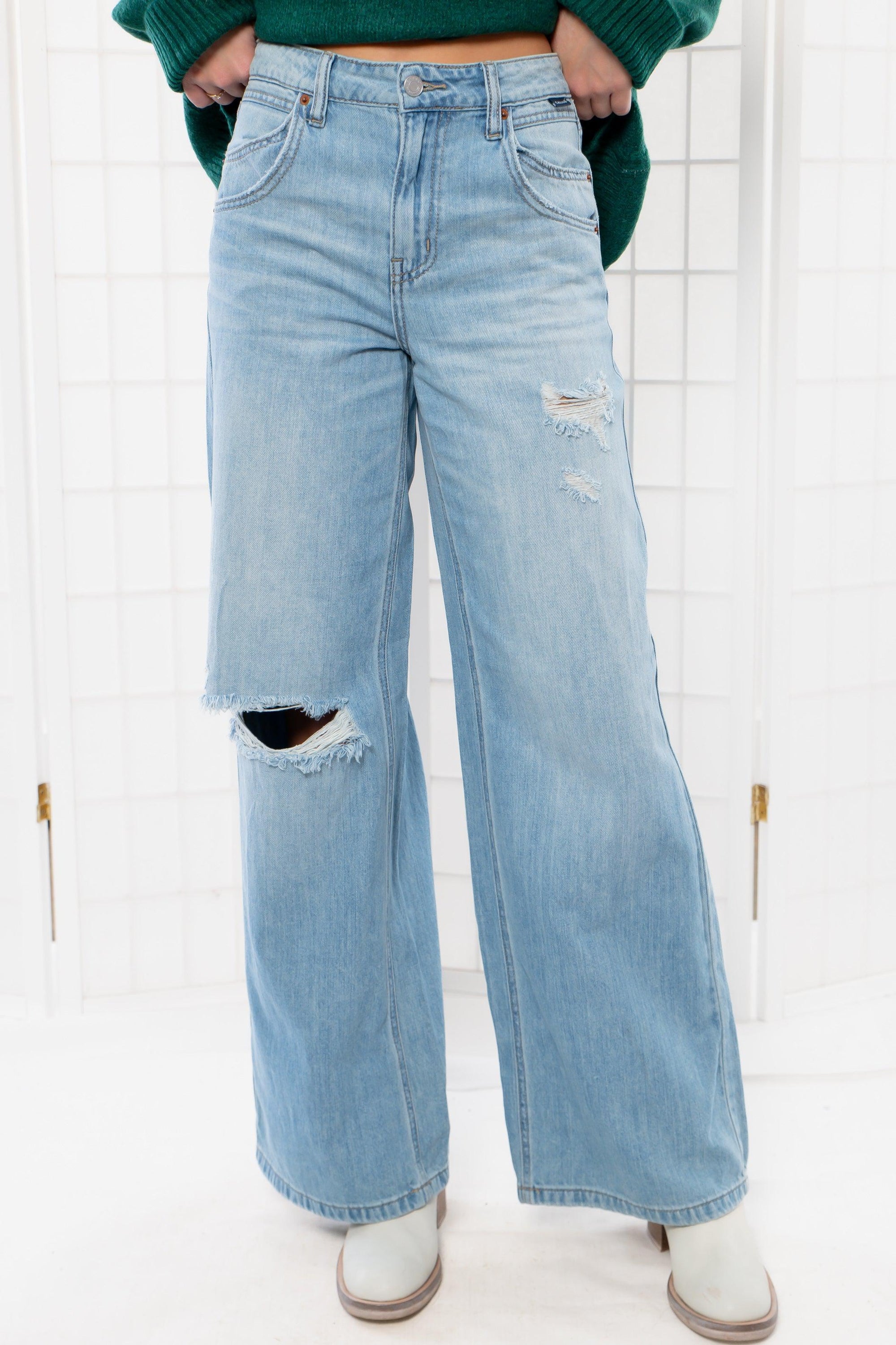 Jamie High Rise Wide Leg Light Denim Distressed Jeans-Bottoms-Cello-L. Mae Boutique &amp; Wild Mabel Clothing