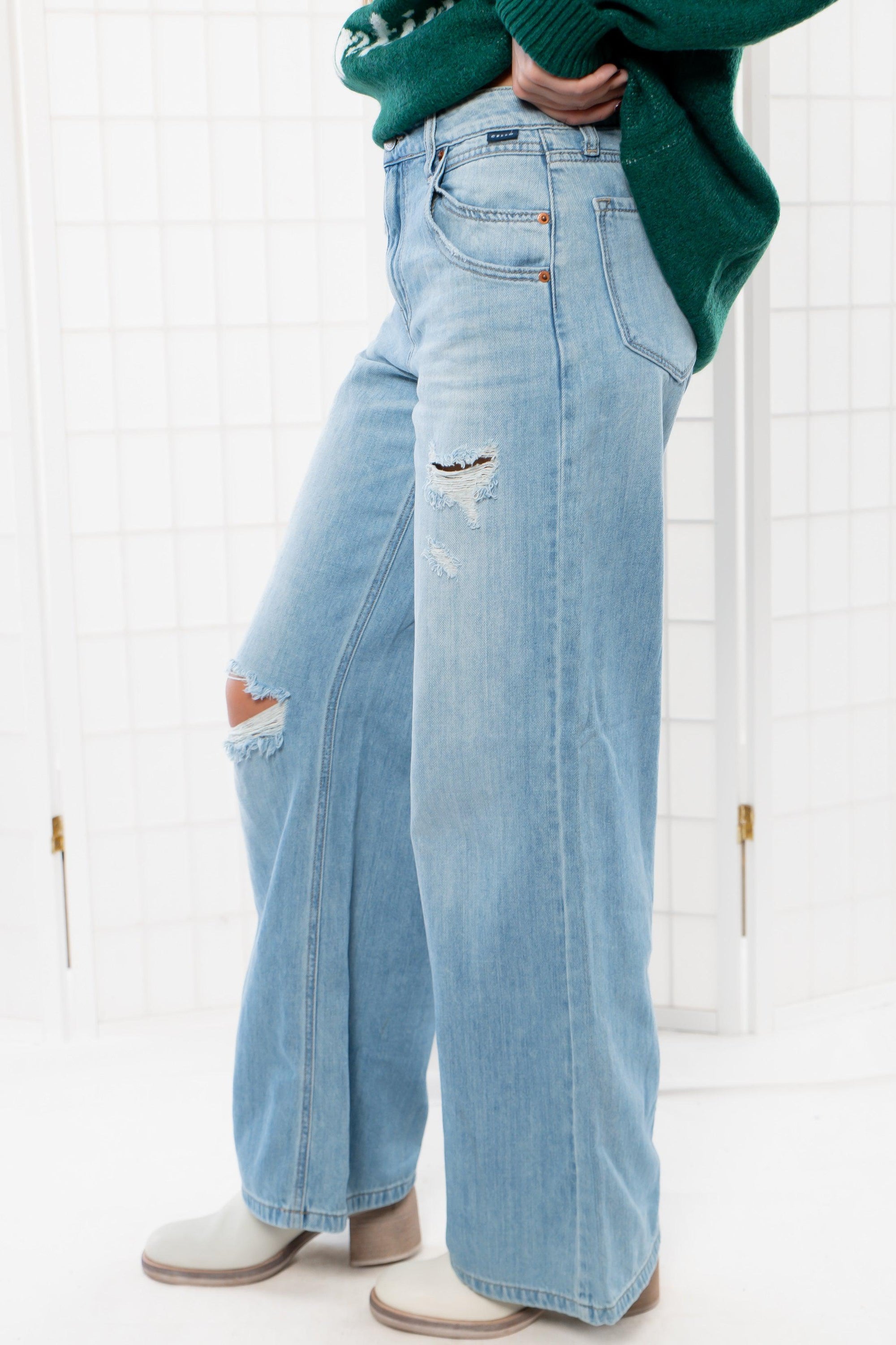 Jamie High Rise Wide Leg Light Denim Distressed Jeans-Bottoms-Cello-L. Mae Boutique & Wild Mabel Clothing