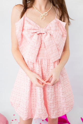 Jane Pink Textured Bow Bubble Hem Mini Dress-Dresses-Heyson-L. Mae Boutique & Wild Mabel Clothing