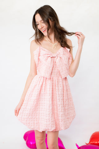 Jane Pink Textured Bow Bubble Hem Mini Dress-Dresses-Heyson-L. Mae Boutique & Wild Mabel Clothing