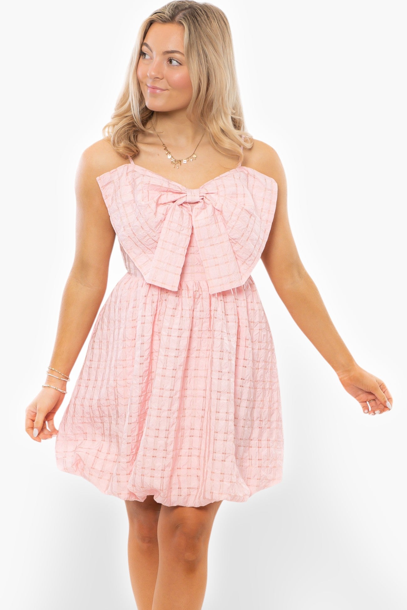 Jane Pink Textured Bow Bubble Hem Mini Dress-Dresses-Heyson-L. Mae Boutique &amp; Wild Mabel Clothing