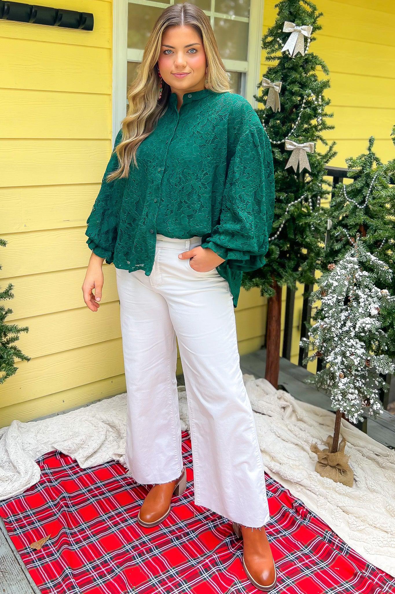 Jayne Green Lace Bubble Sleeve Blouse-Tops-Fate-L. Mae Boutique & Wild Mabel Clothing