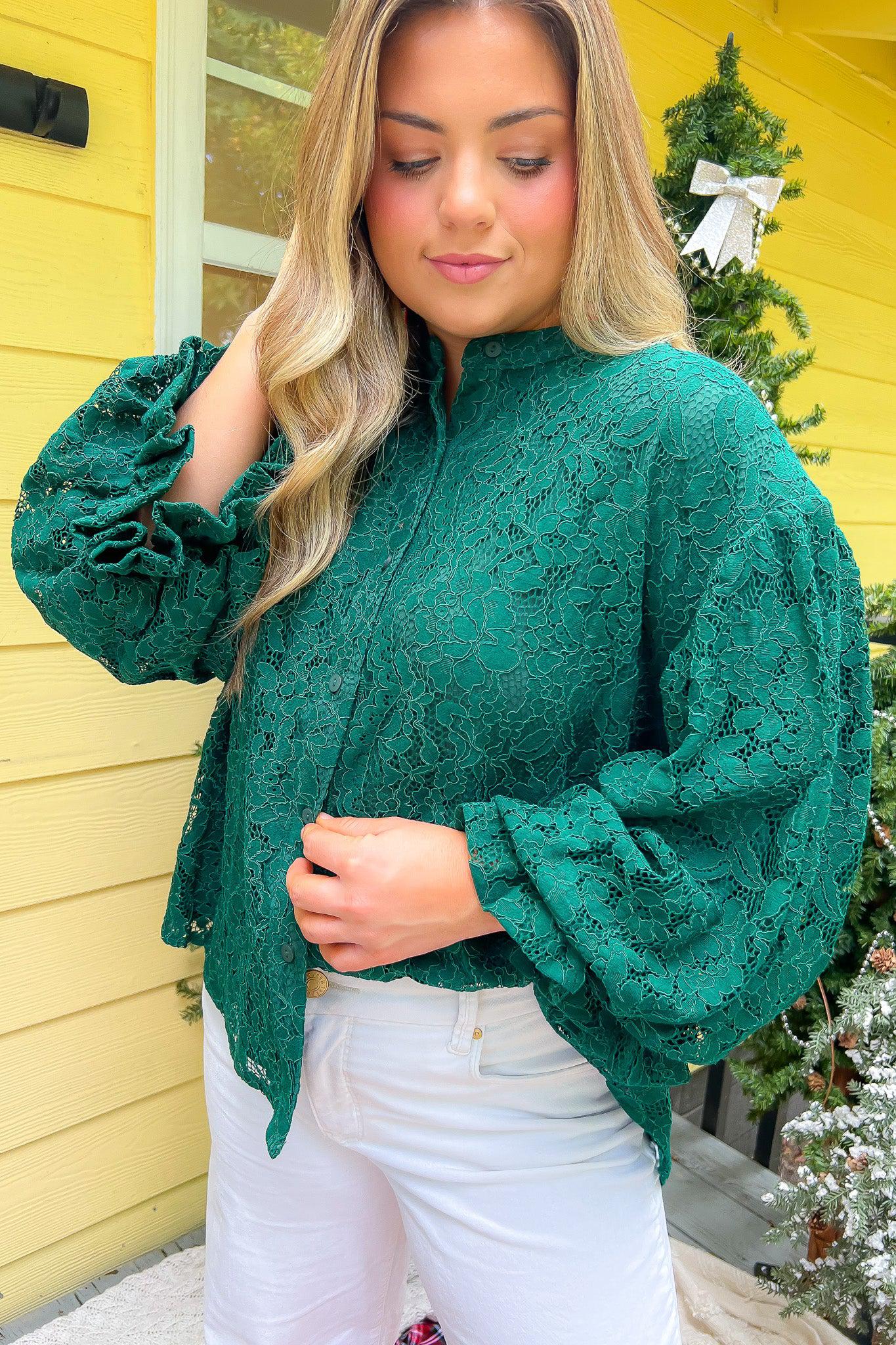 Jayne Green Lace Bubble Sleeve Blouse-Tops-Fate-L. Mae Boutique & Wild Mabel Clothing