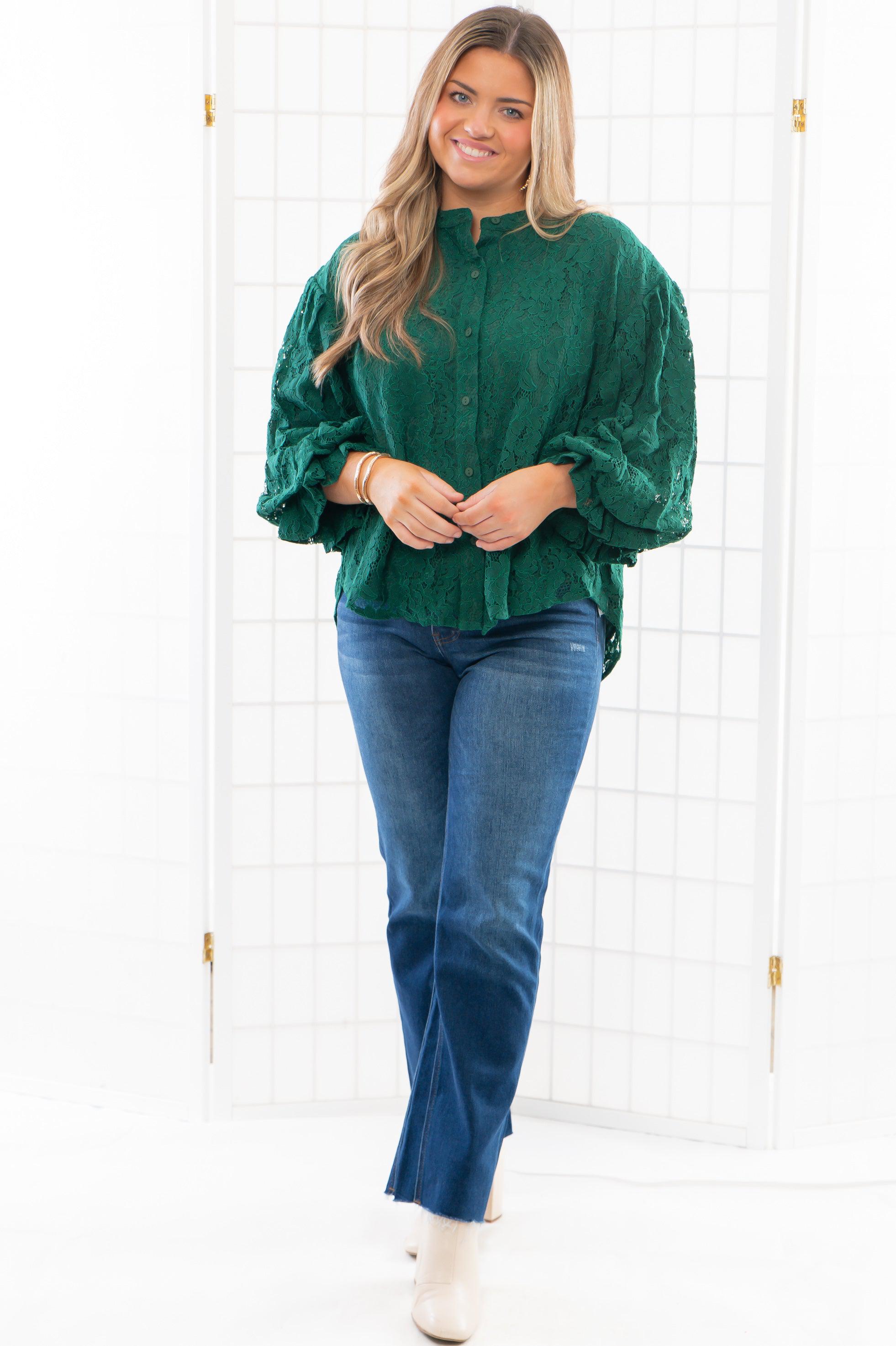 Jayne Green Lace Bubble Sleeve Blouse-Tops-Fate-L. Mae Boutique &amp; Wild Mabel Clothing