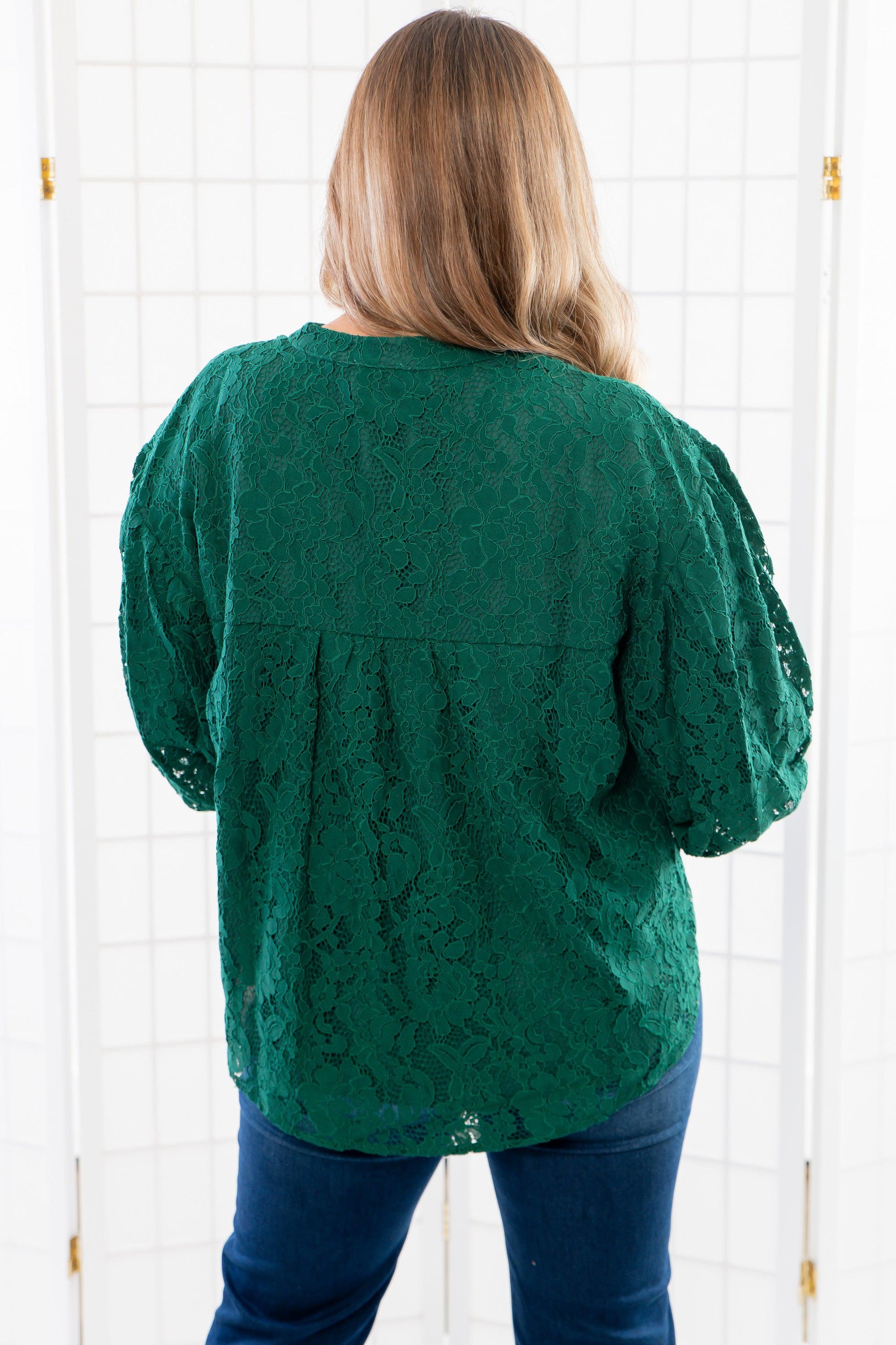 Jayne Green Lace Bubble Sleeve Blouse-Tops-Fate-L. Mae Boutique &amp; Wild Mabel Clothing