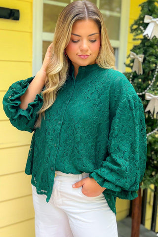 Jayne Green Lace Bubble Sleeve Blouse-Tops-Fate-L. Mae Boutique & Wild Mabel Clothing