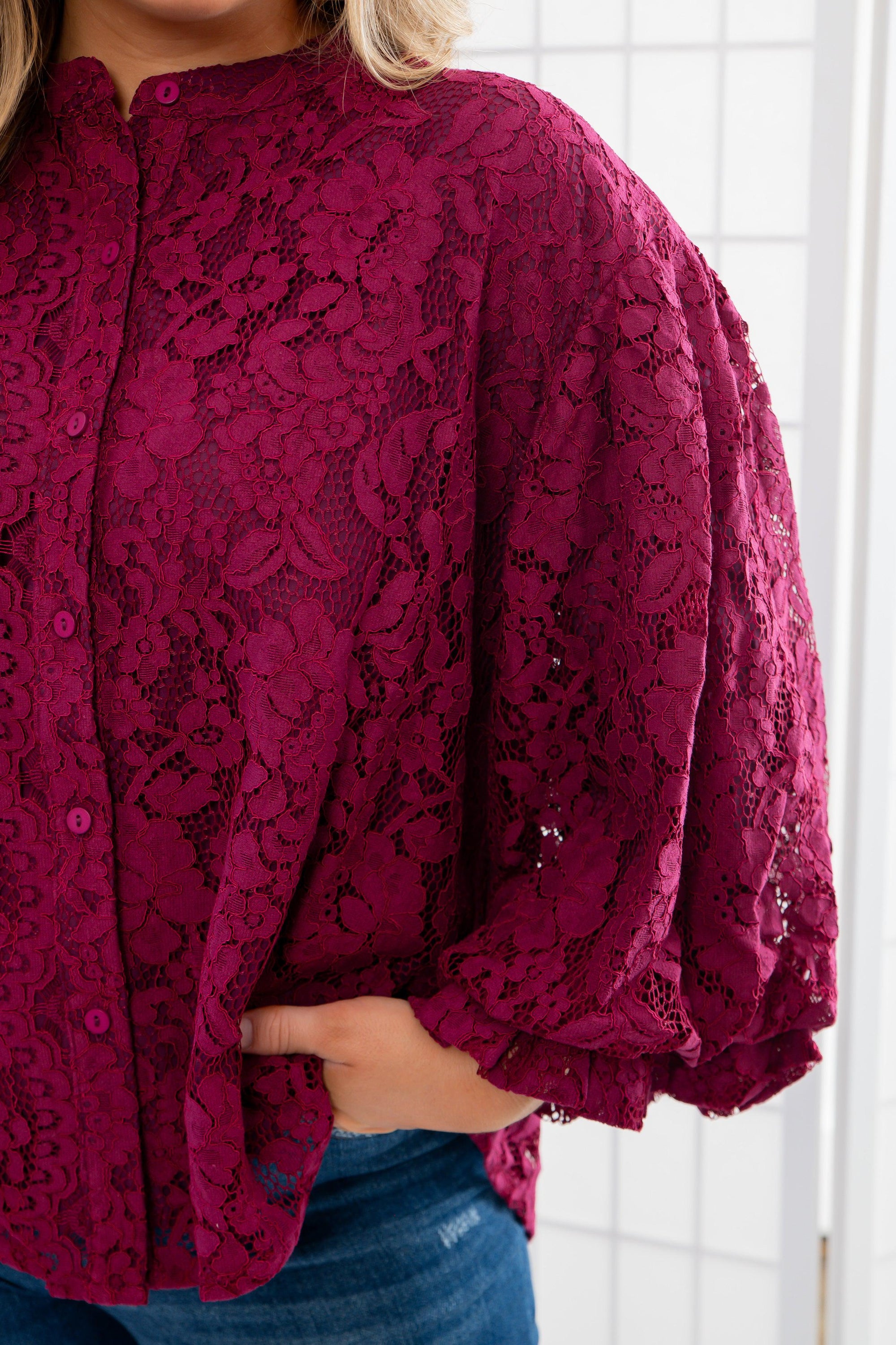 Jayne Wine Lace Bubble Sleeve Blouse-Tops-Fate-L. Mae Boutique & Wild Mabel Clothing