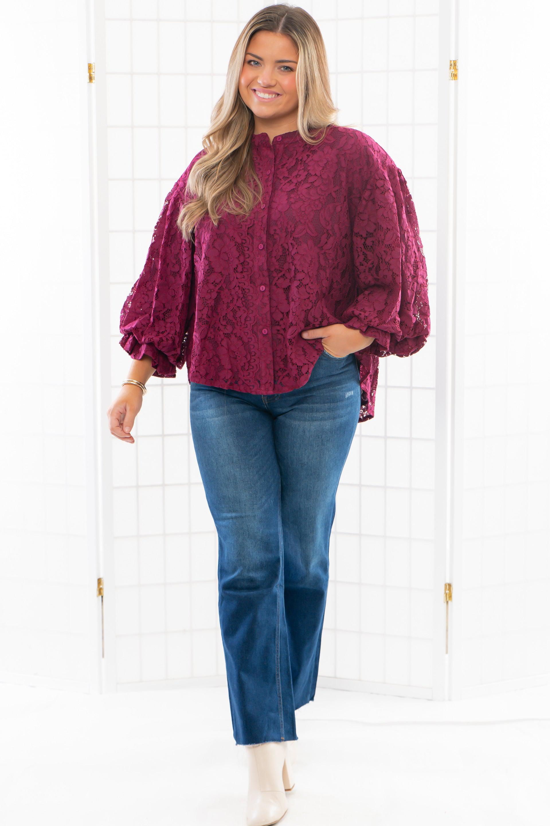 Jayne Wine Lace Bubble Sleeve Blouse-Tops-Fate-L. Mae Boutique &amp; Wild Mabel Clothing