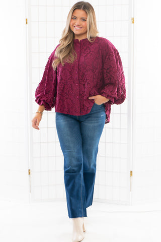 Jayne Wine Lace Bubble Sleeve Blouse-Tops-Fate-L. Mae Boutique & Wild Mabel Clothing