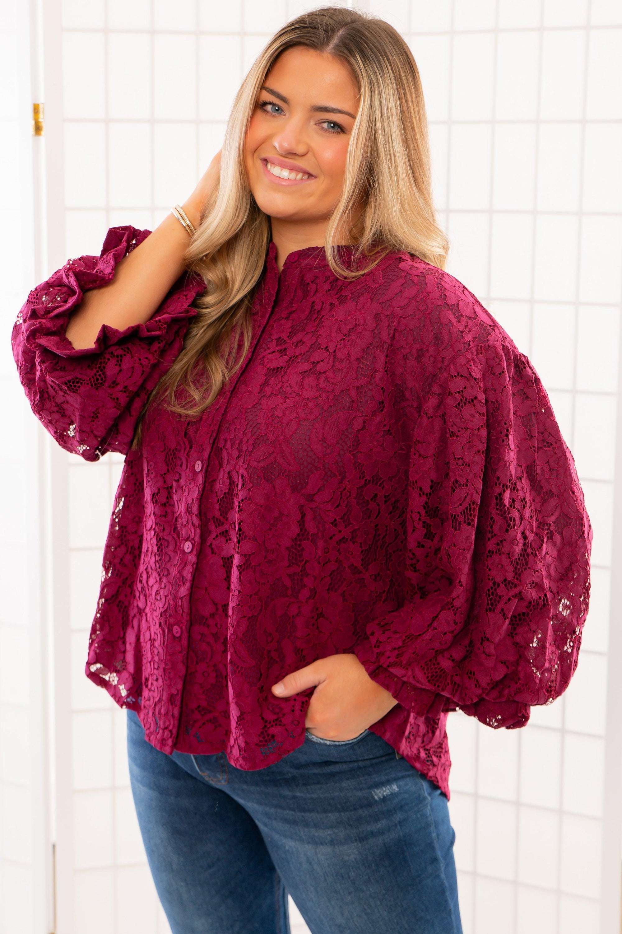 Jayne Wine Lace Bubble Sleeve Blouse-Tops-Fate-L. Mae Boutique &amp; Wild Mabel Clothing