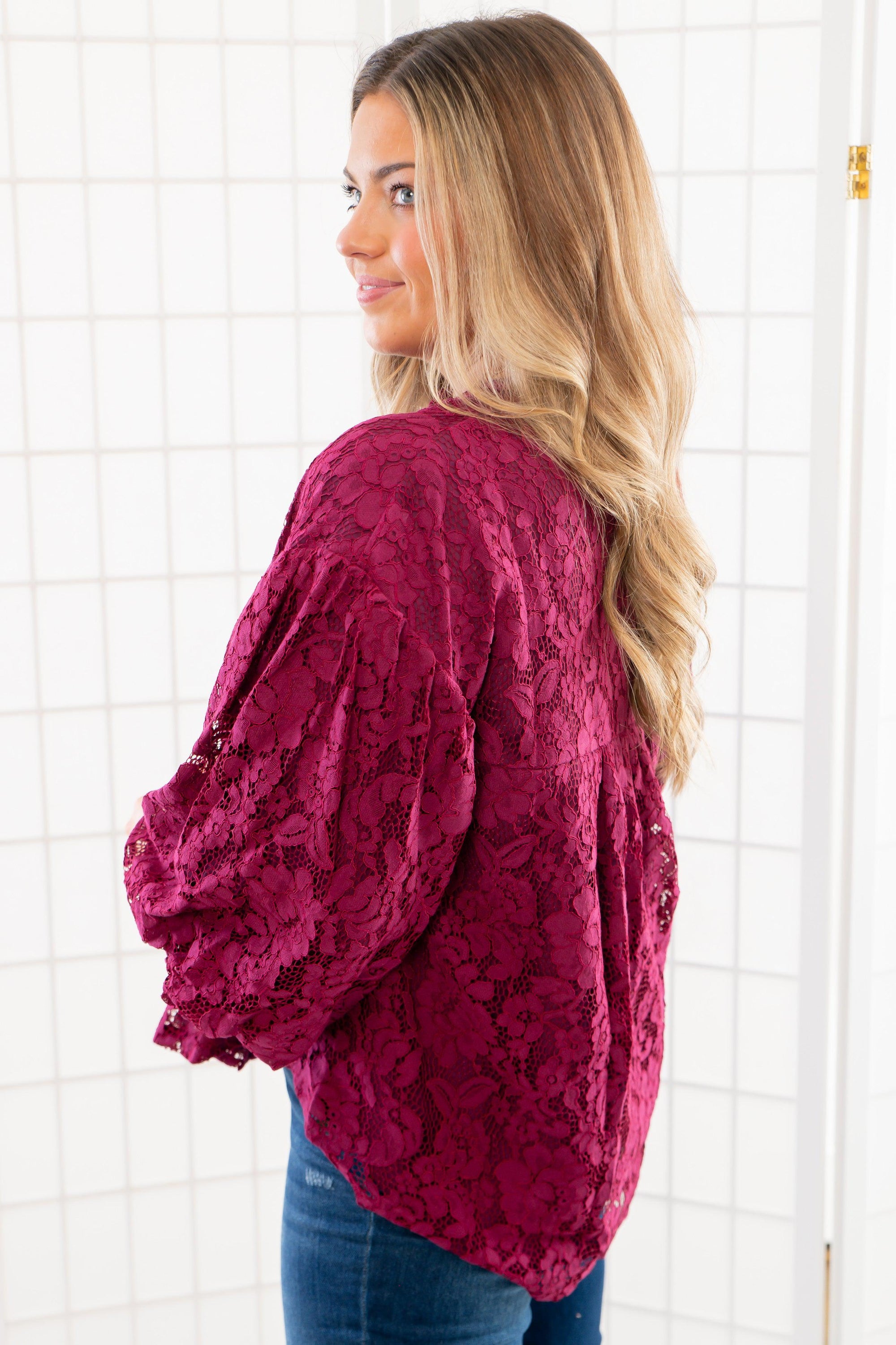 Jayne Wine Lace Bubble Sleeve Blouse-Tops-Fate-L. Mae Boutique &amp; Wild Mabel Clothing