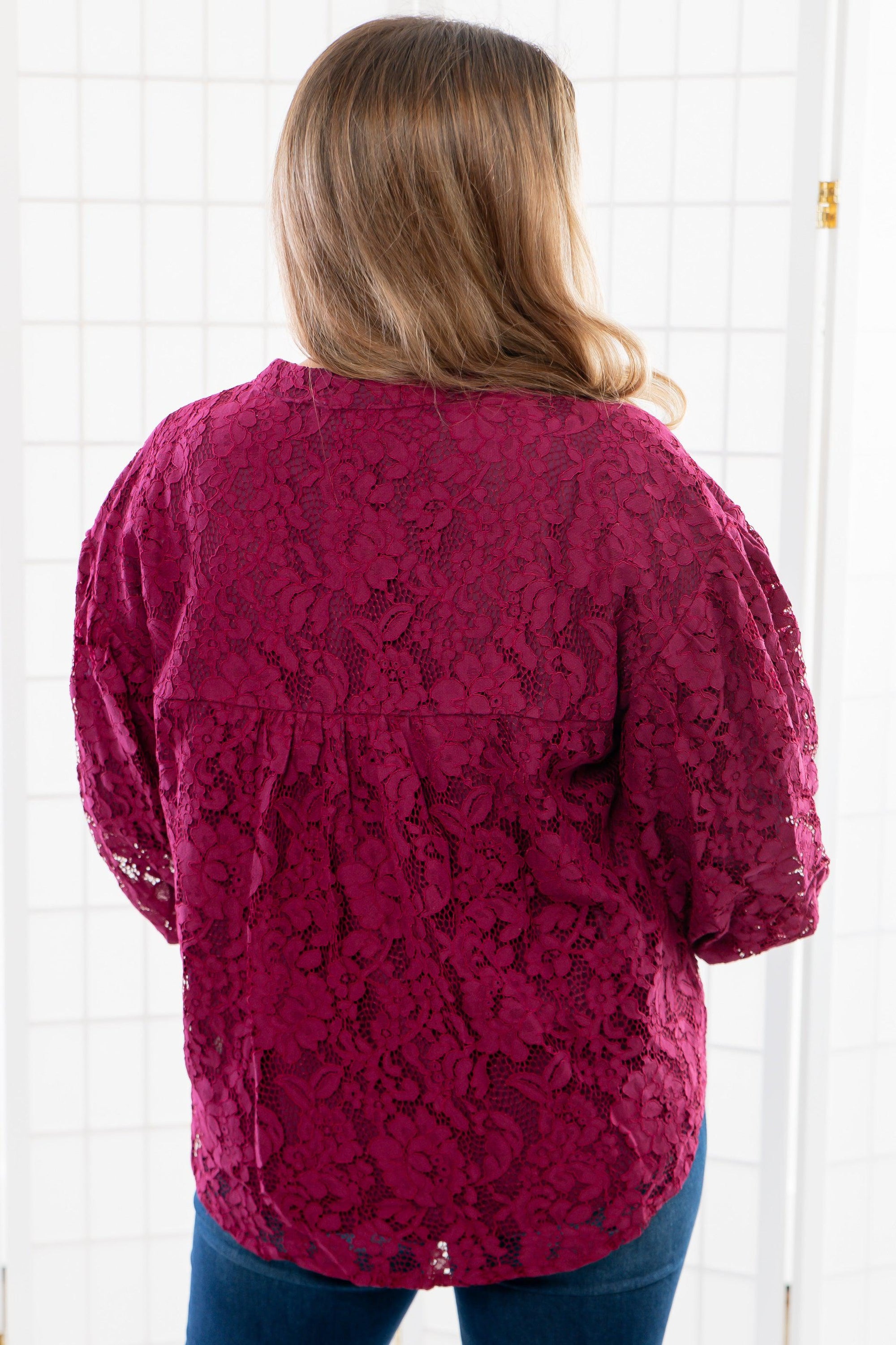 Jayne Wine Lace Bubble Sleeve Blouse-Tops-Fate-L. Mae Boutique &amp; Wild Mabel Clothing