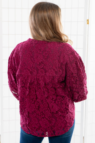 Jayne Wine Lace Bubble Sleeve Blouse-Tops-Fate-L. Mae Boutique & Wild Mabel Clothing