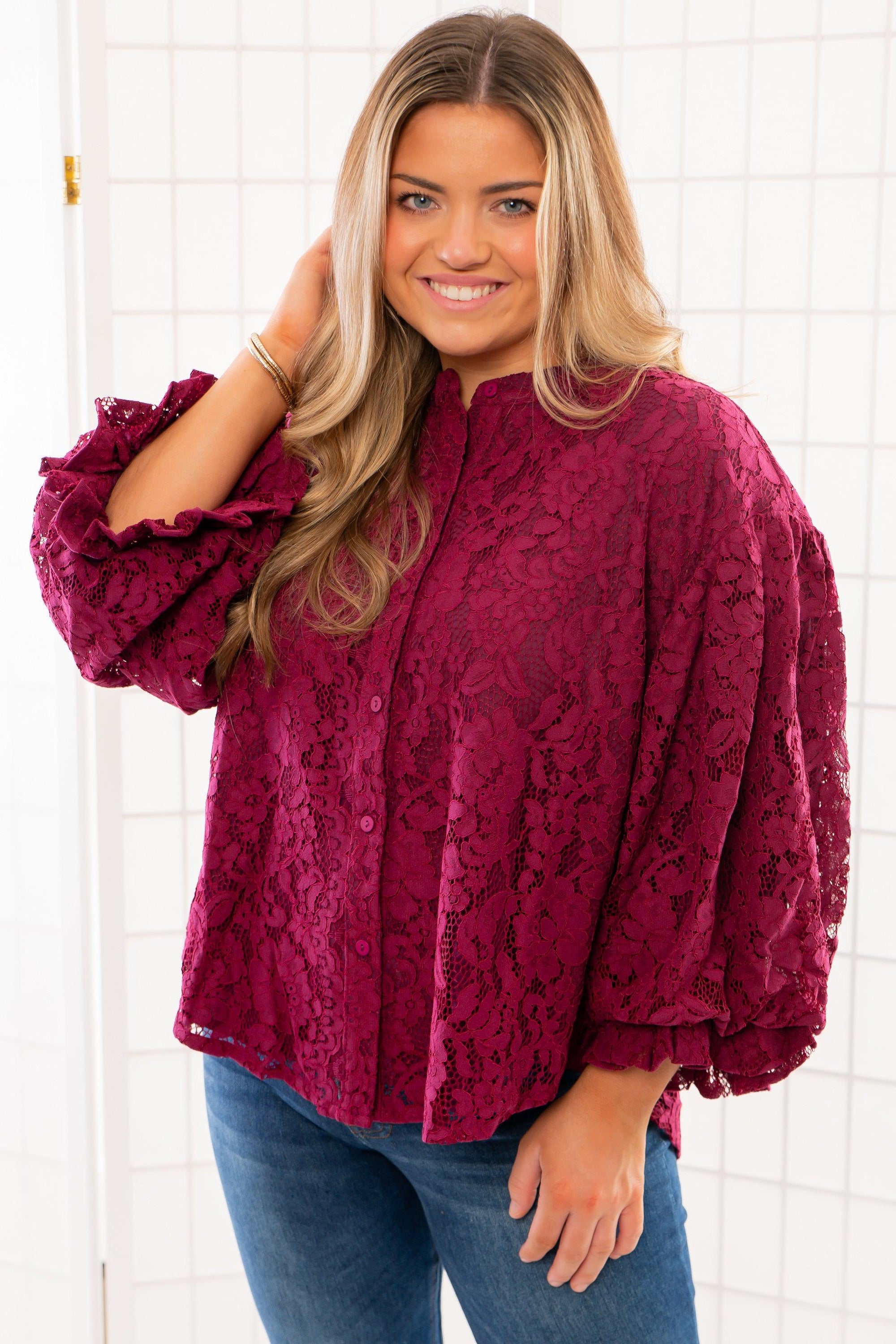 Jayne Wine Lace Bubble Sleeve Blouse-Tops-Fate-L. Mae Boutique & Wild Mabel Clothing